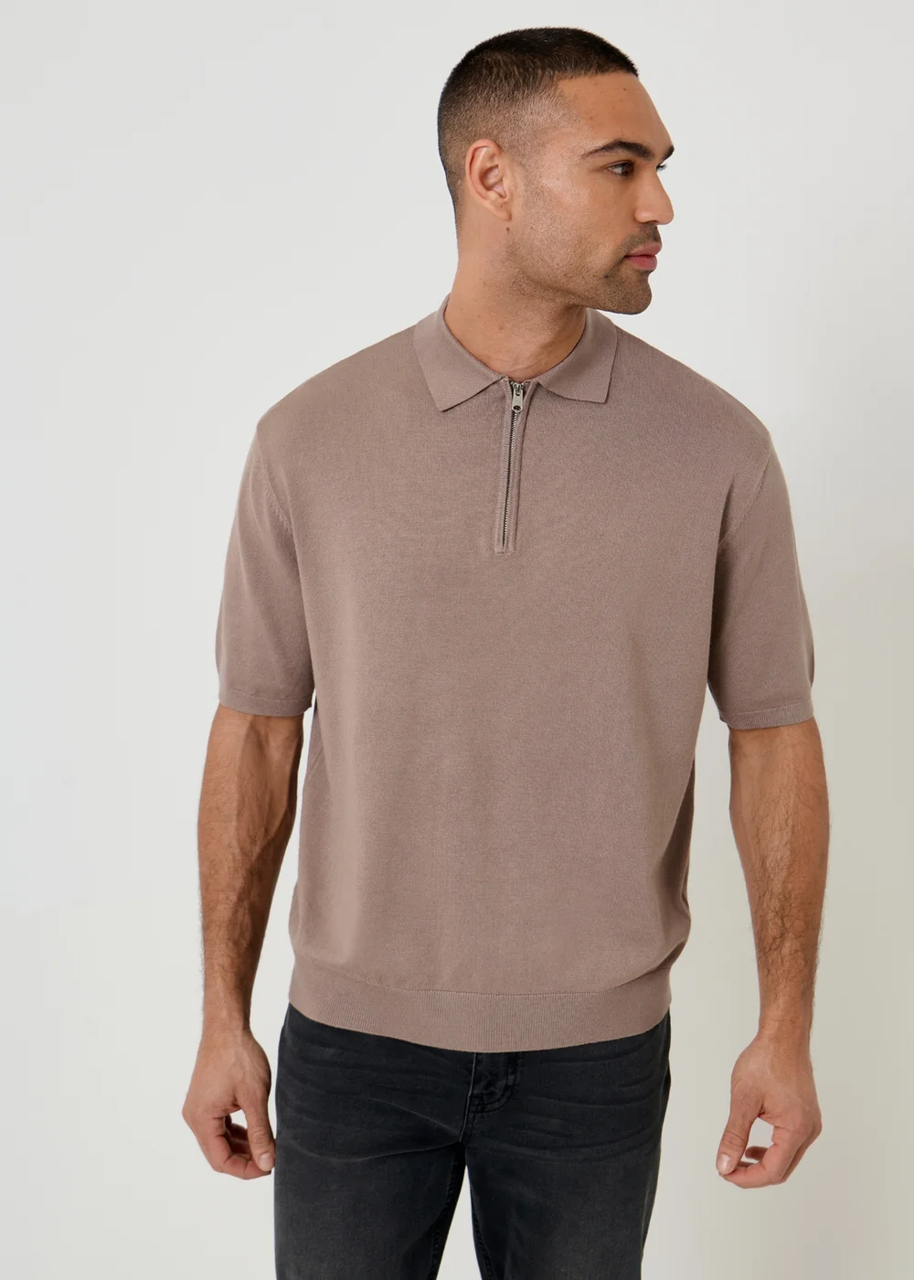 Threadbare Taupe Relaxed Fit Knitted Quarter Zip Polo - L Image 1