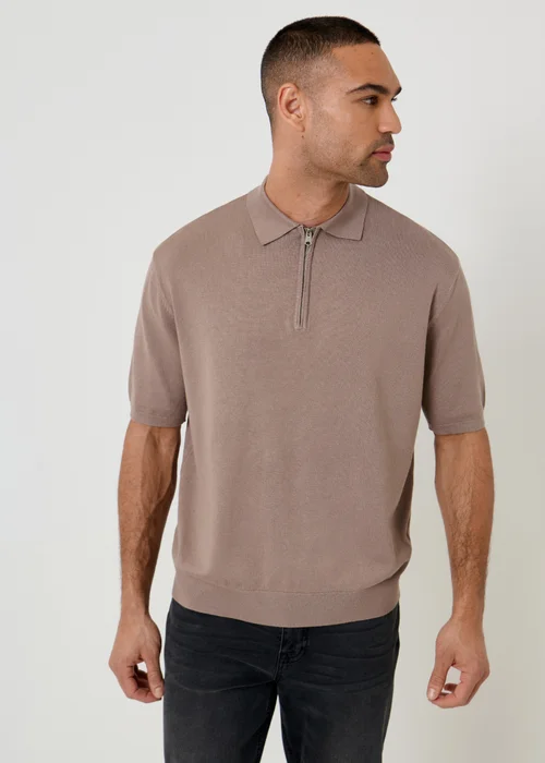 Threadbare Taupe Relaxed Fit Knitted Quarter Zip Polo - L Image 1