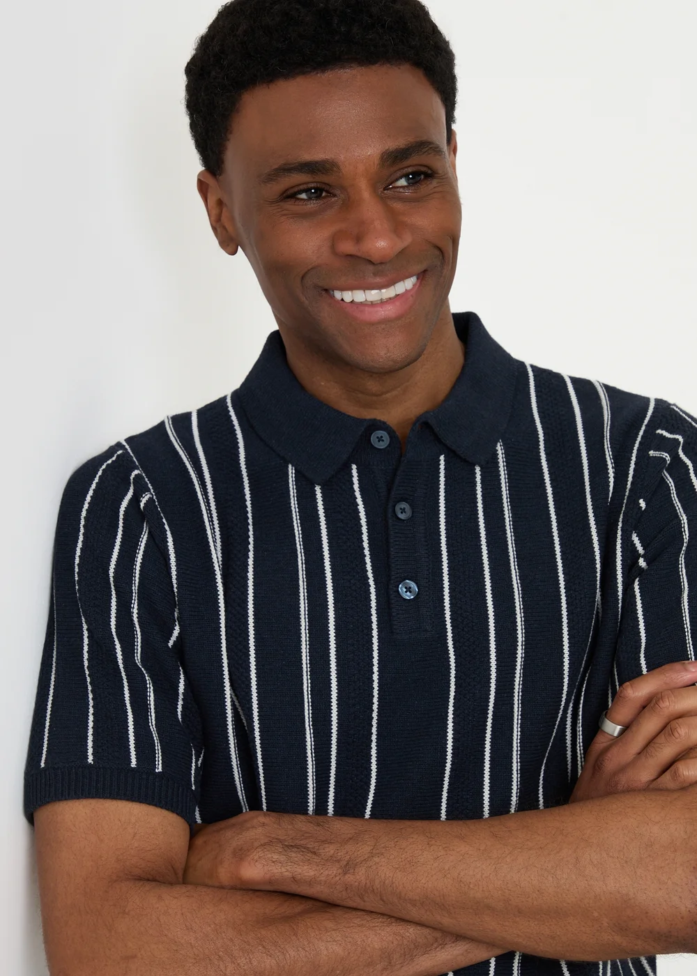 Threadbare Navy Textured Stripe Knitted Quarter Zip Polo - L Image 4