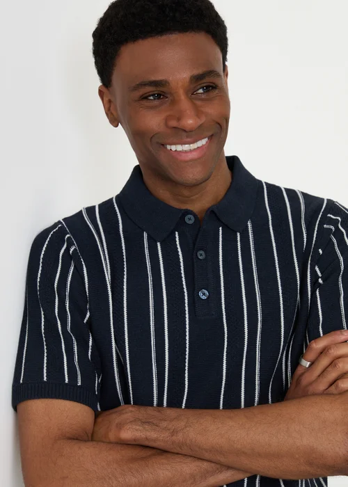 Threadbare Navy Textured Stripe Knitted Quarter Zip Polo - L Image 4