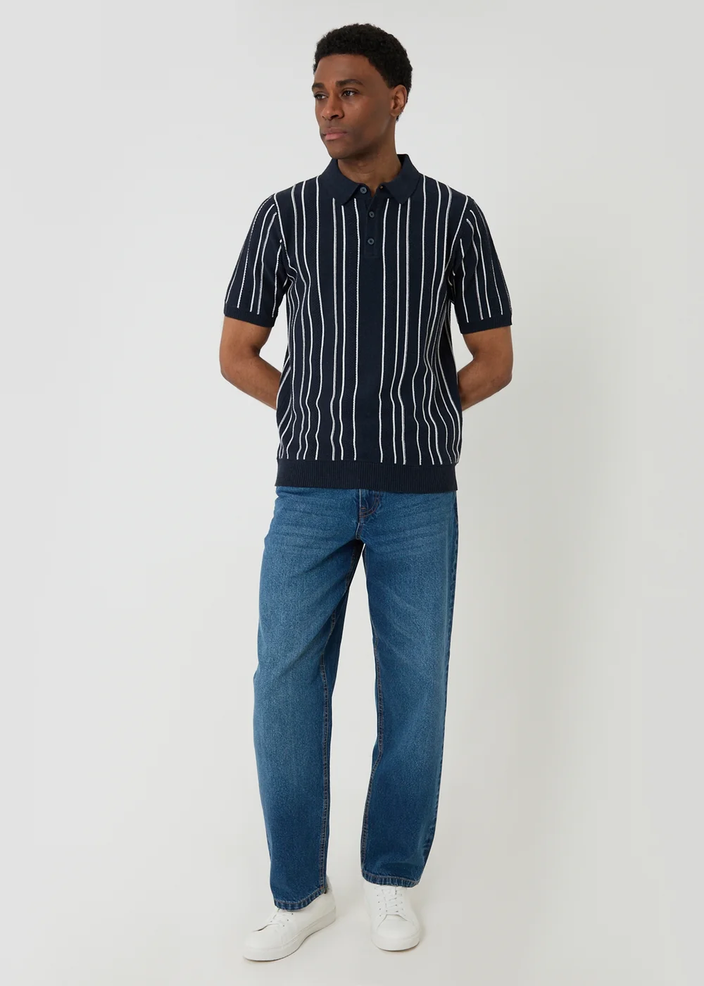 Threadbare Navy Textured Stripe Knitted Quarter Zip Polo - L Image 3