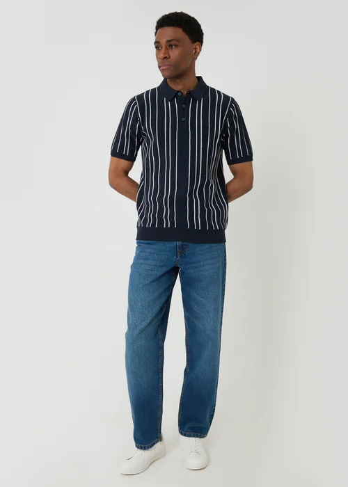 Threadbare Navy Textured Stripe Knitted Quarter Zip Polo - L Image 3