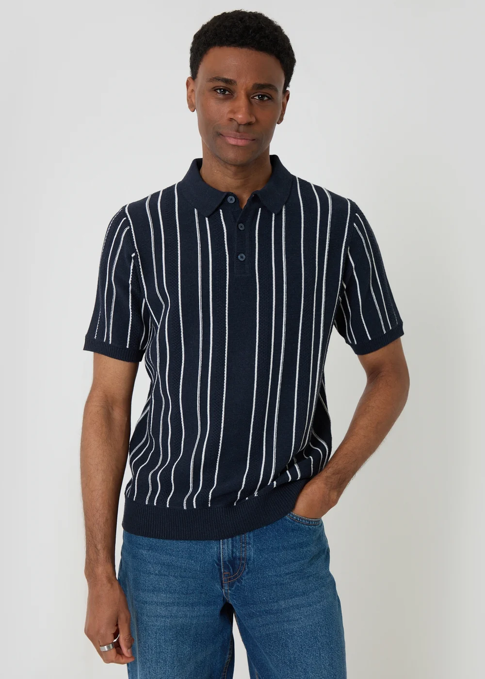 Threadbare Navy Textured Stripe Knitted Quarter Zip Polo - L Image 1