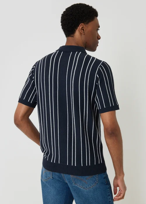 Threadbare Navy Textured Stripe Knitted Quarter Zip Polo - L Image 2