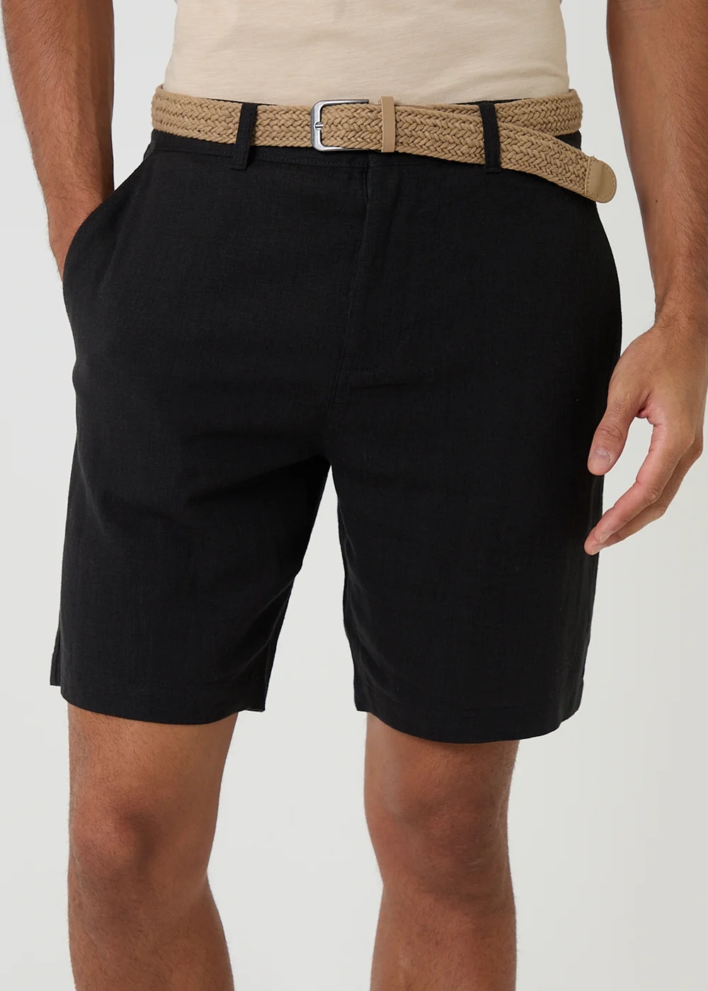 Threadbare Black Linen Blend Shorts with Belt - 32/L32 Image 4
