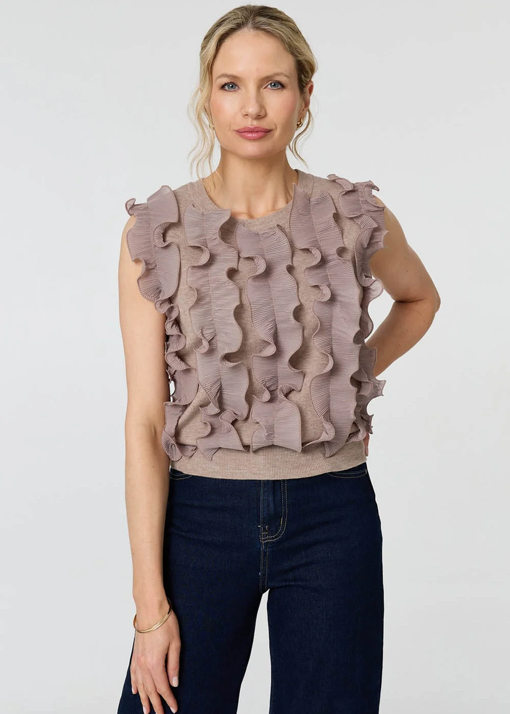 Izabel London Beige Ruffle Embellished Sleeveless Knit Top - L Image 1