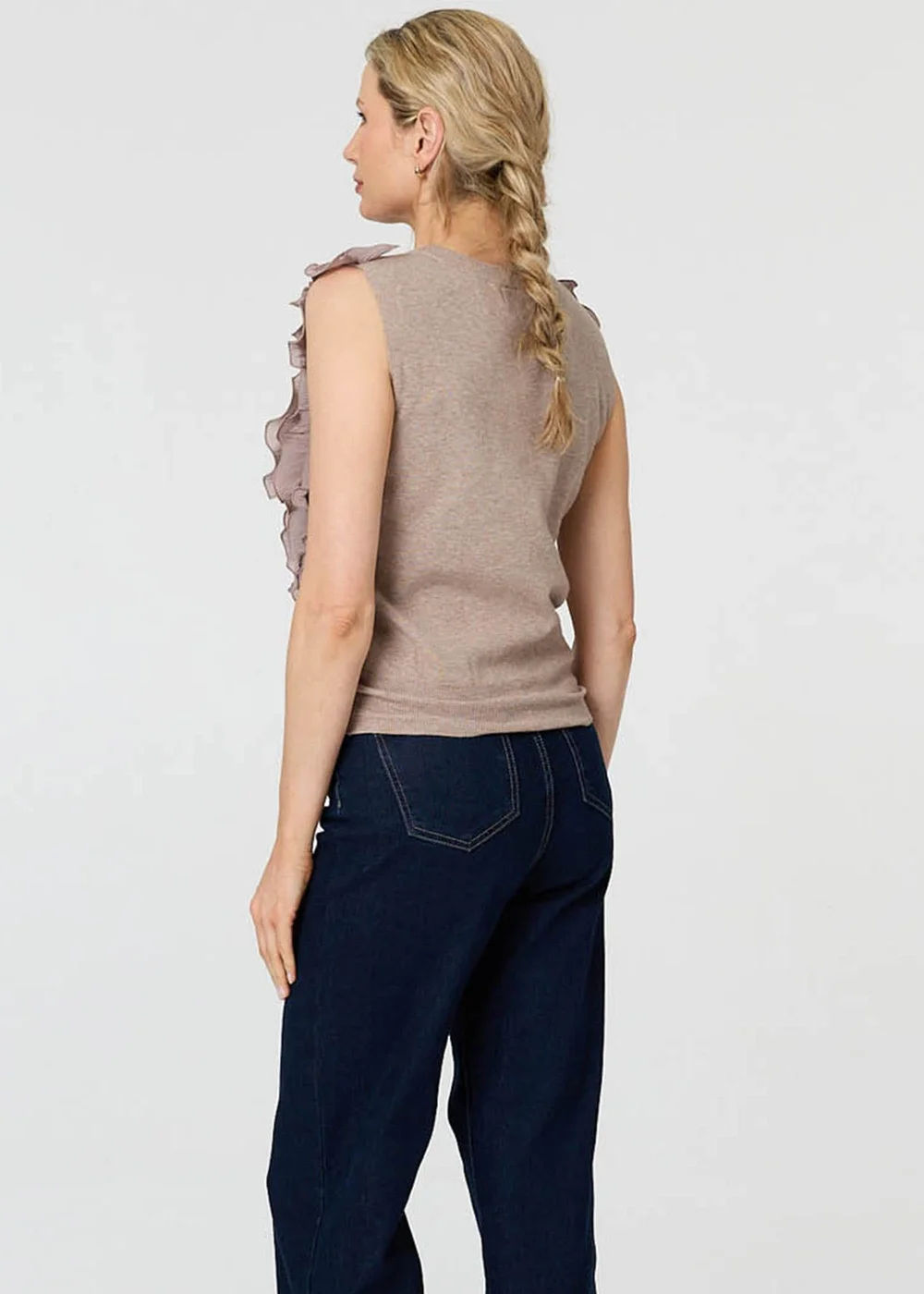 Izabel London Beige Ruffle Embellished Sleeveless Knit Top - L Image 2