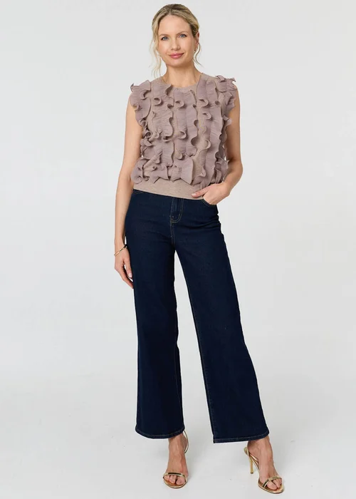 Izabel London Beige Ruffle Embellished Sleeveless Knit Top - L Image 4