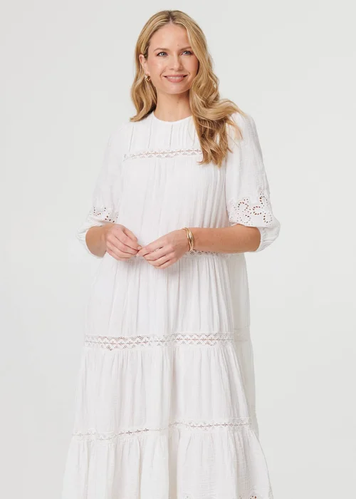 Izabel London White Broderie Anglaise Trim Tiered Midi Dress - 12 Image 1
