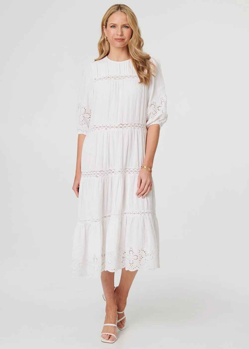 Izabel London White Broderie Anglaise Trim Tiered Midi Dress - 12 Image 4