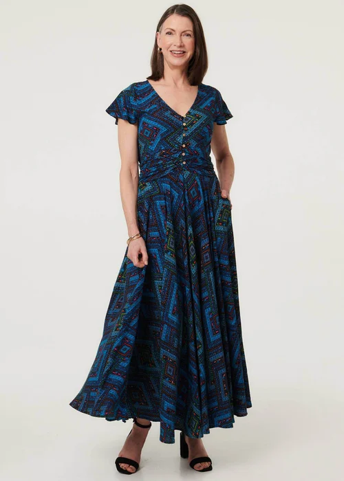 Izabel London Navy Geo Print Cap Sleeve Ruched Maxi Dress - 12 Image 4