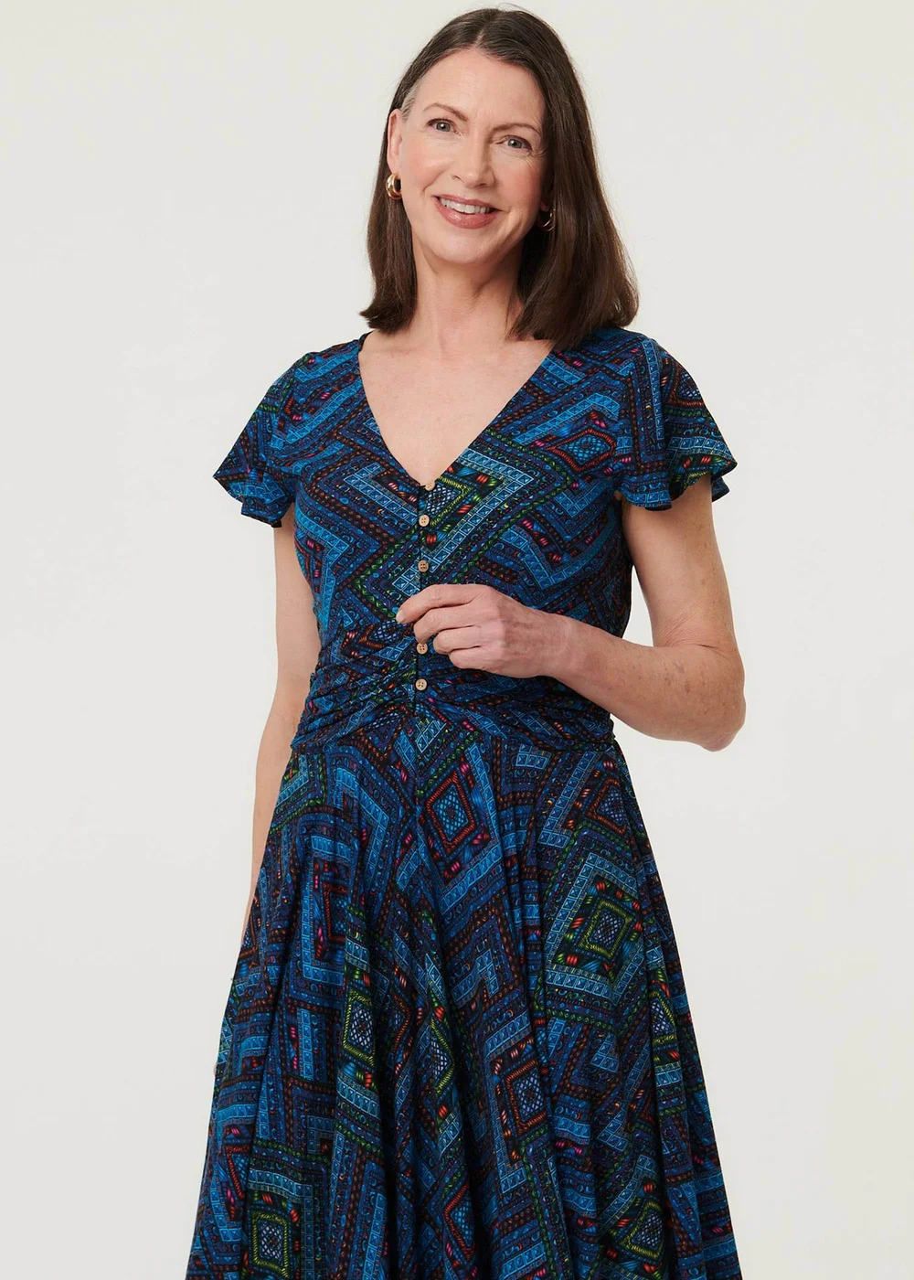 Izabel London Navy Geo Print Cap Sleeve Ruched Maxi Dress - 12 Image 1