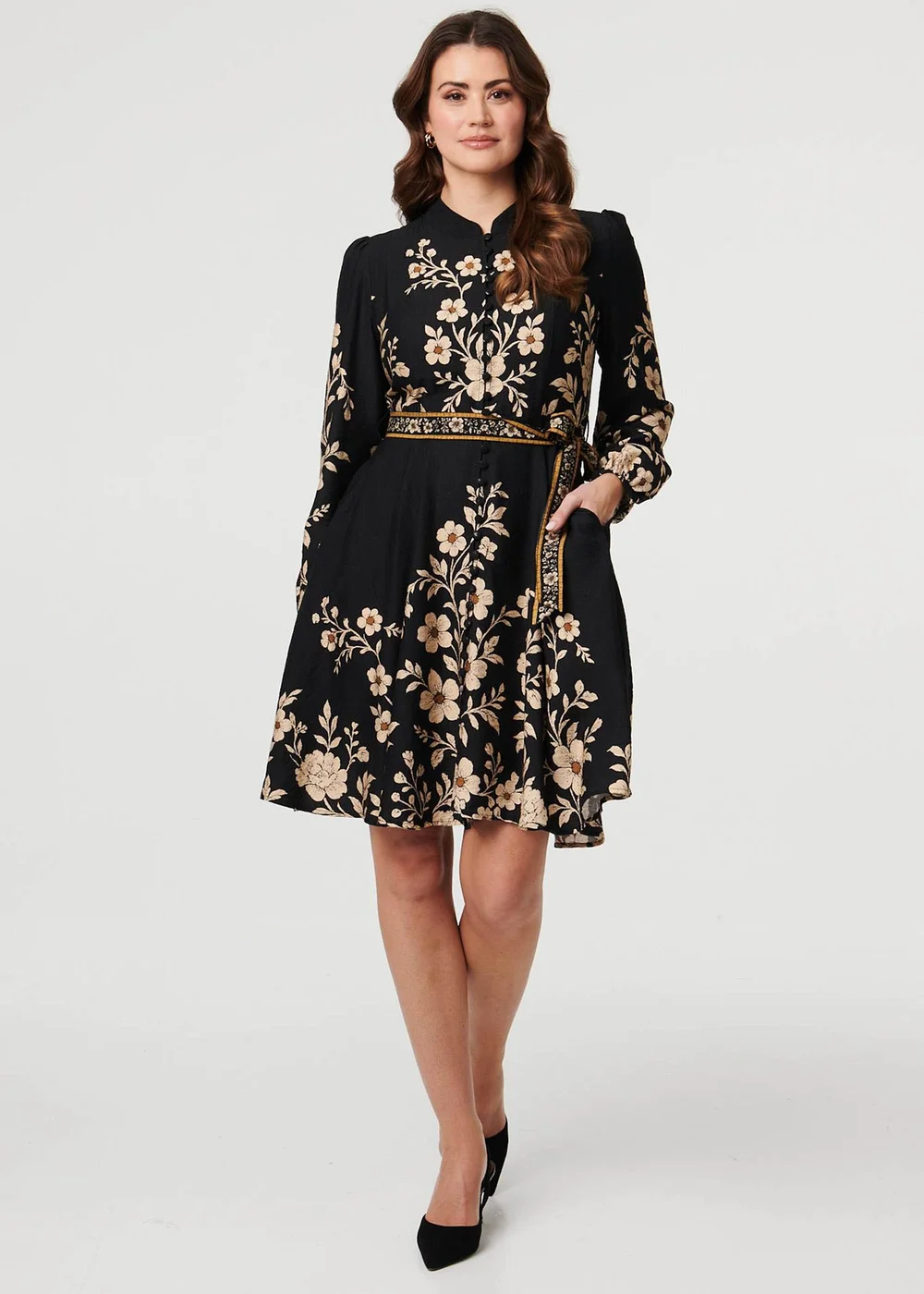 Izabel London Black Floral Tie Waist A-Line Knee Length Dress - 18 Image 4