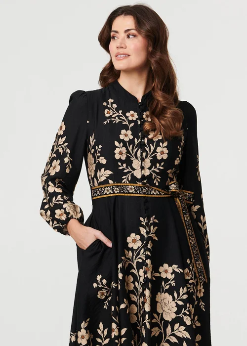 Izabel London Black Floral Tie Waist A-Line Knee Length Dress - 18 Image 1