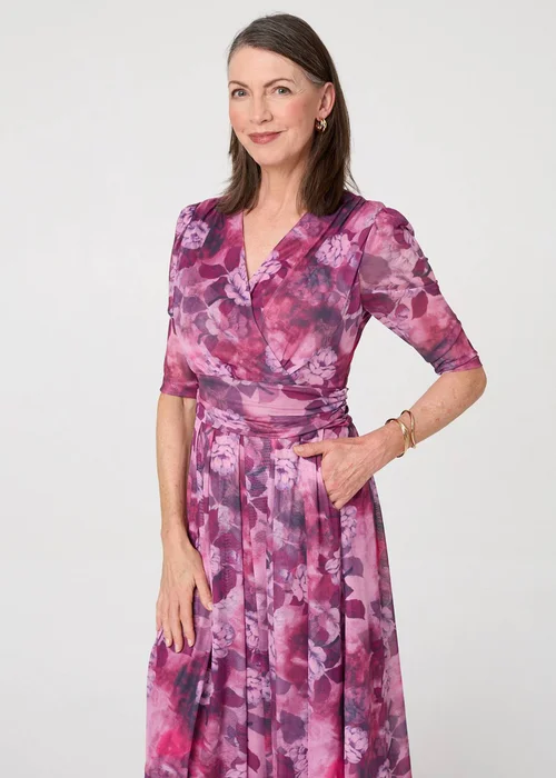 Izabel London Pink Floral Mesh Texture Pleated Midi Dress - 14 Image 1
