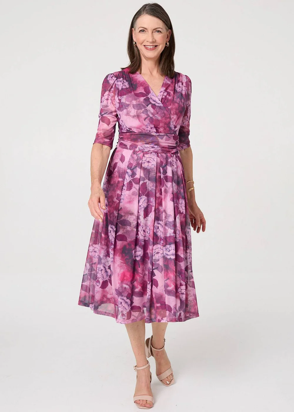 Izabel London Pink Floral Mesh Texture Pleated Midi Dress - 14 Image 4
