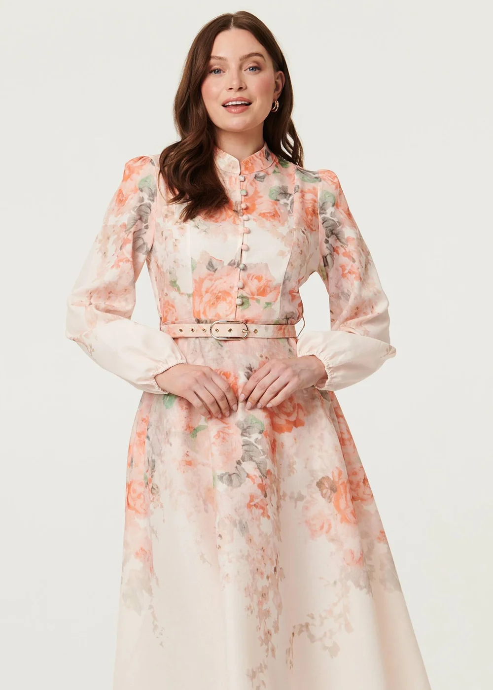Izabel London Multi Pink Floral Belted High Neck Midi Dress - 14 Image 1
