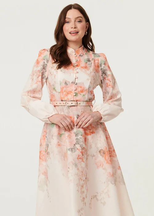Izabel London Multi Pink Floral Belted High Neck Midi Dress - 14 Image 1