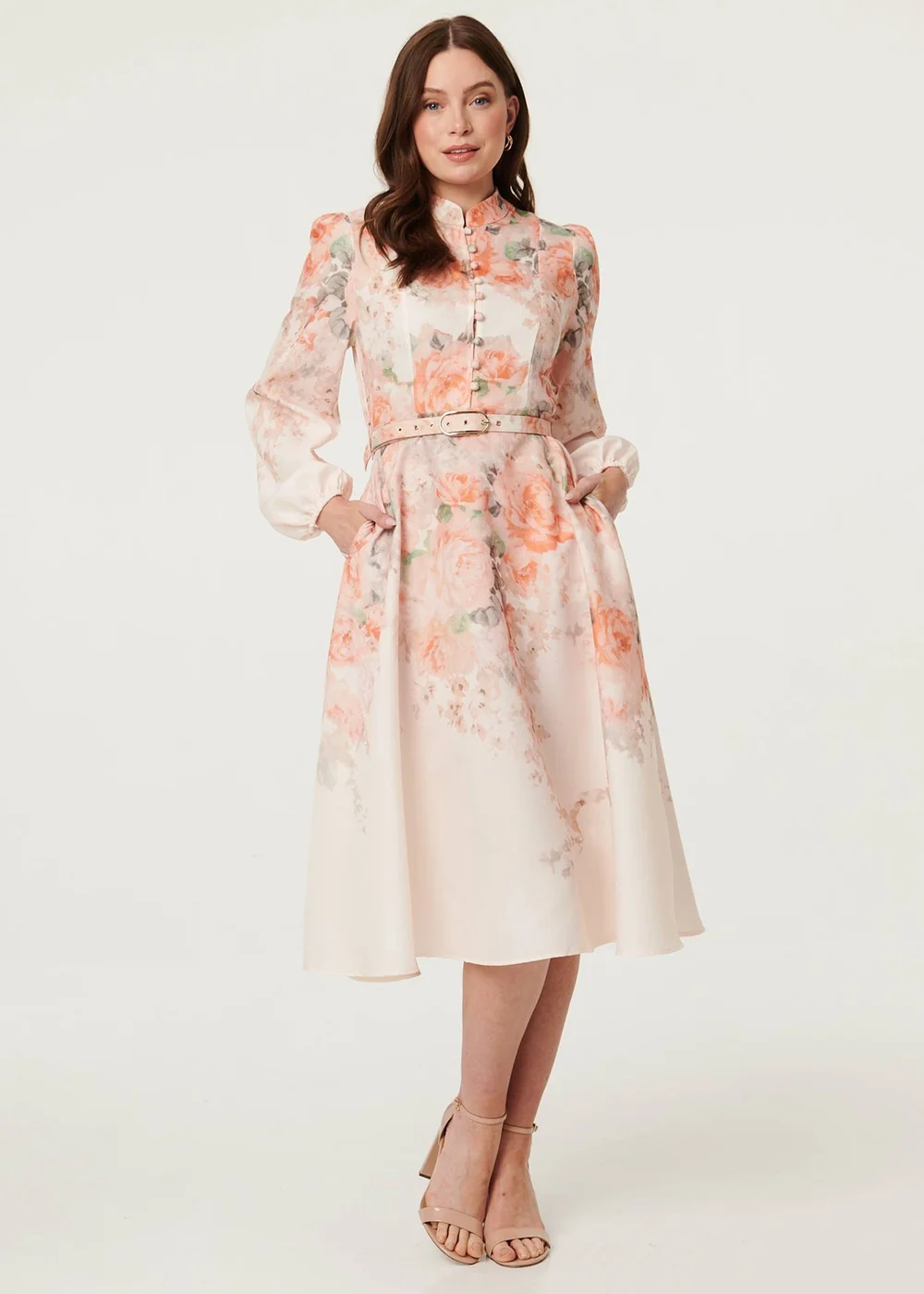 Izabel London Multi Pink Floral Belted High Neck Midi Dress - 14 Image 4