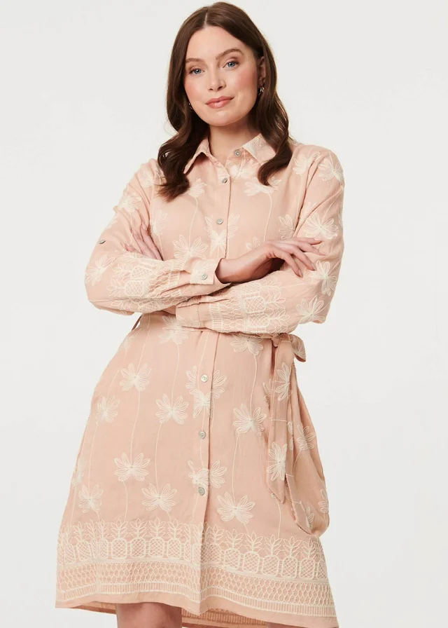 Izabel London Multi Pink Floral Knee Length Tie Waist Shirt Dress