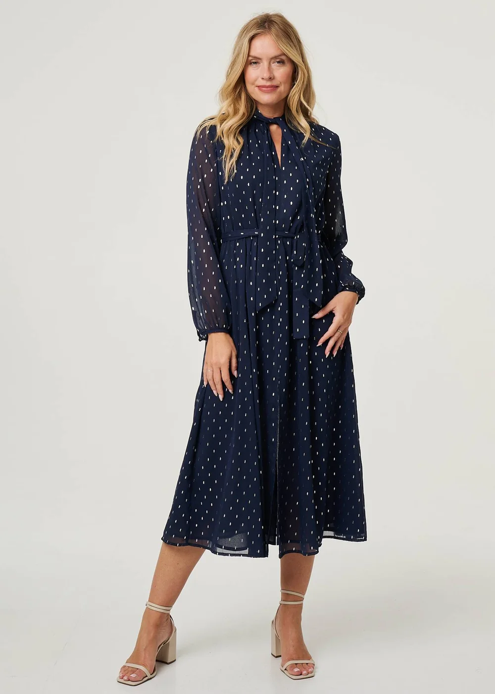 Izabel London Navy Polka Dot Print Long Sleeve Midi Dress - 10 Image 4