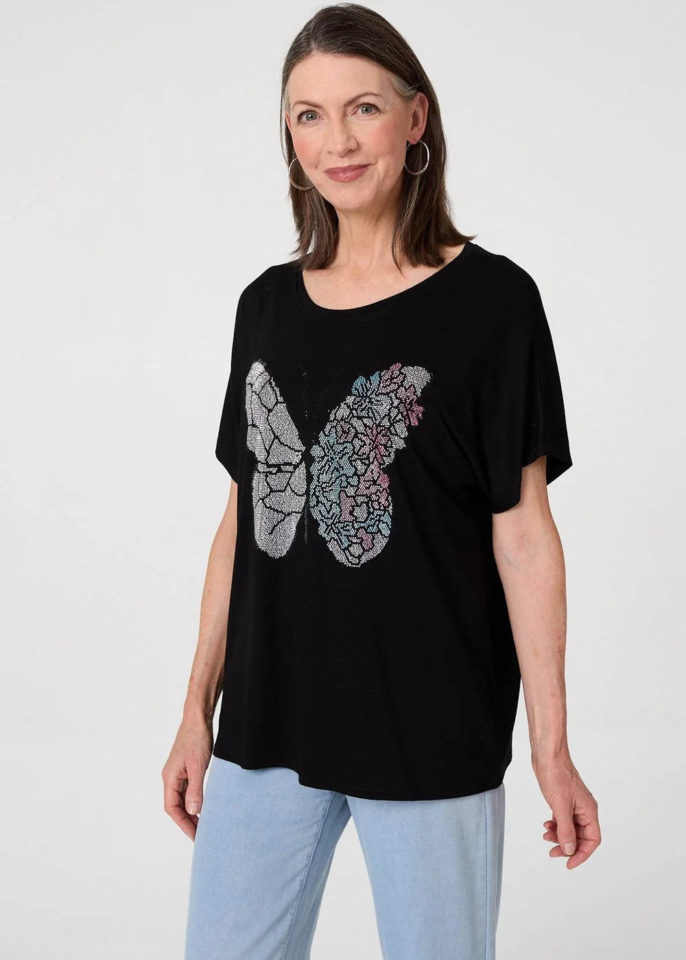 Izabel London Black Butterfly Print Sparkly Relaxed Top - 10 Image 1