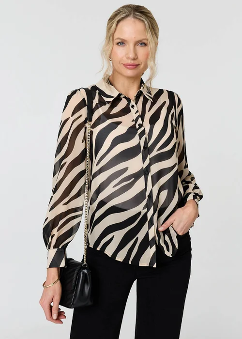Izabel London Black Zebra Print Long Sleeve Semi Sheer Shirt - 8 Image 1