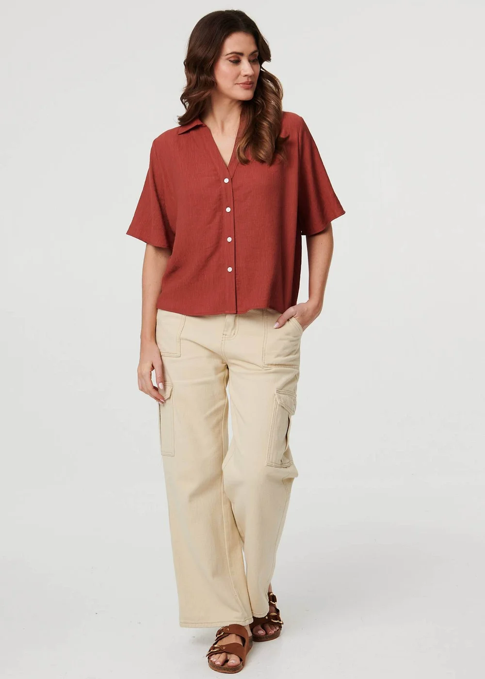 Izabel London Rust Short Sleeve Button Front Shirt - 14 Image 4