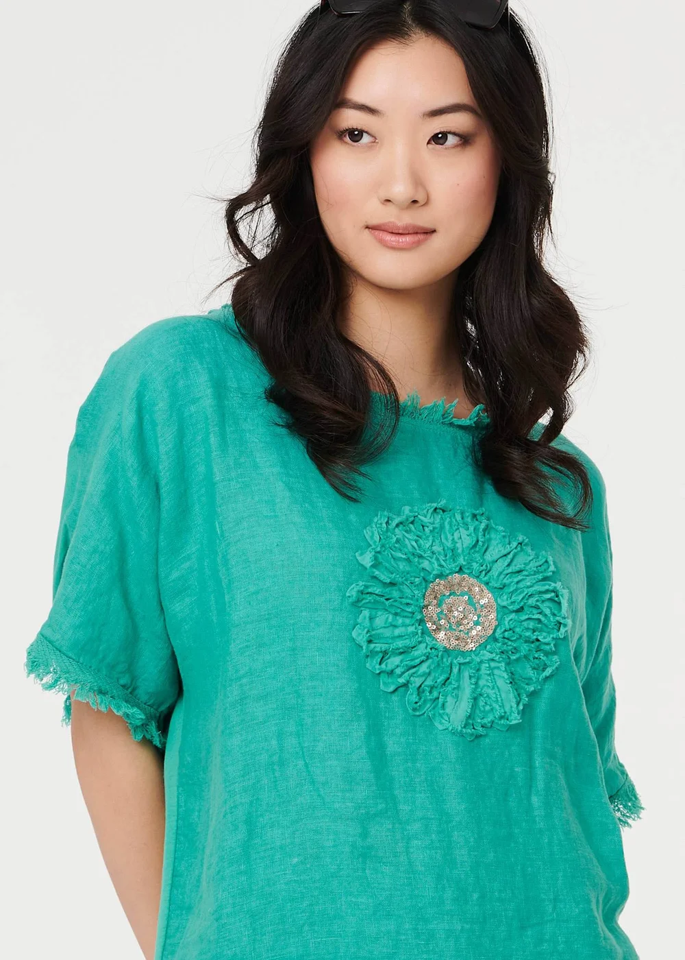 Izabel London Blue Frayed Edge Floral Embellished Top - 8 Image 3