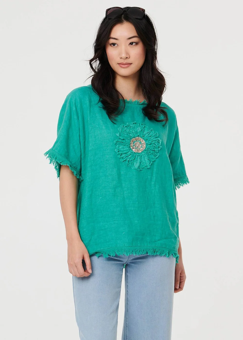 Izabel London Blue Frayed Edge Floral Embellished Top - 8 Image 1