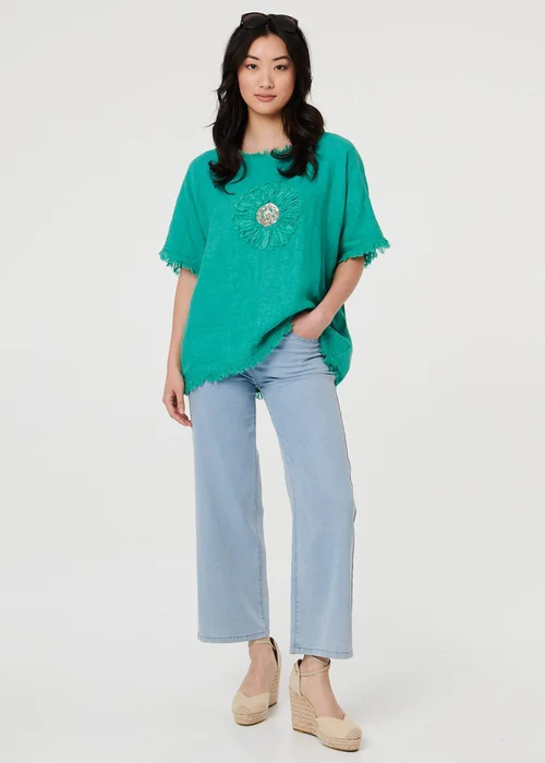 Izabel London Blue Frayed Edge Floral Embellished Top - 8 Image 4