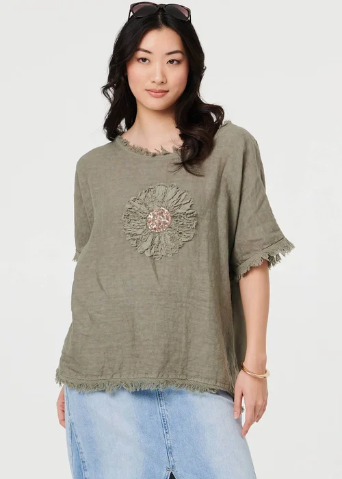 Izabel London Grey Frayed Edge Floral Embellished Top - 10 Image 1