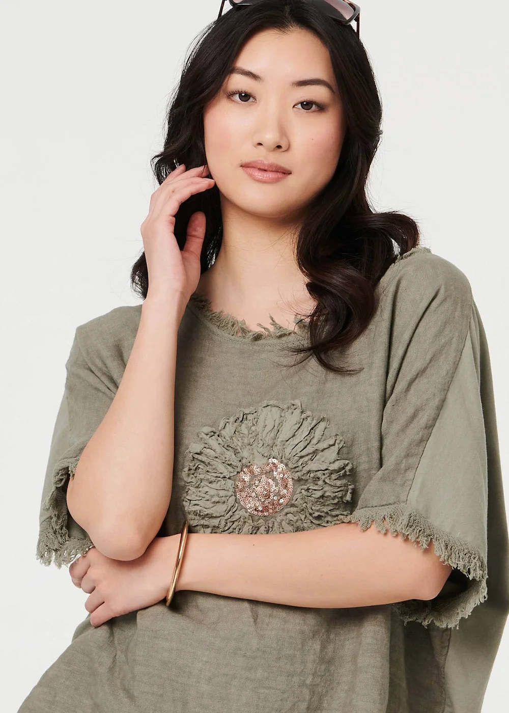 Izabel London Grey Frayed Edge Floral Embellished Top - 10 Image 3