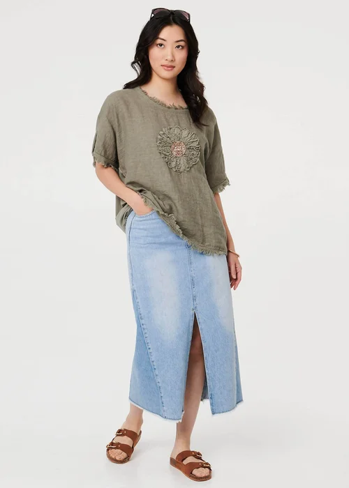 Izabel London Grey Frayed Edge Floral Embellished Top - 10 Image 4