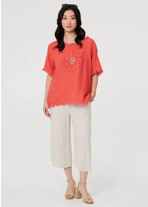 Izabel London Orange Frayed Edge Floral Embellished Top - 16 Image 4