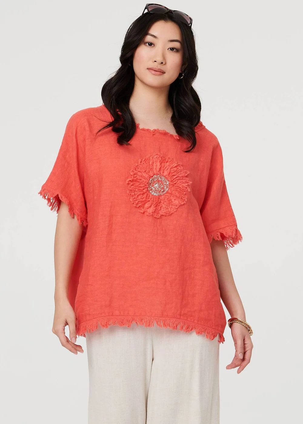 Izabel London Orange Frayed Edge Floral Embellished Top - 16 Image 1