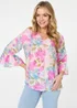Izabel London Pink Floral Curve Hem 3/4 Flare Sleeve Blouse - 8 Image 1