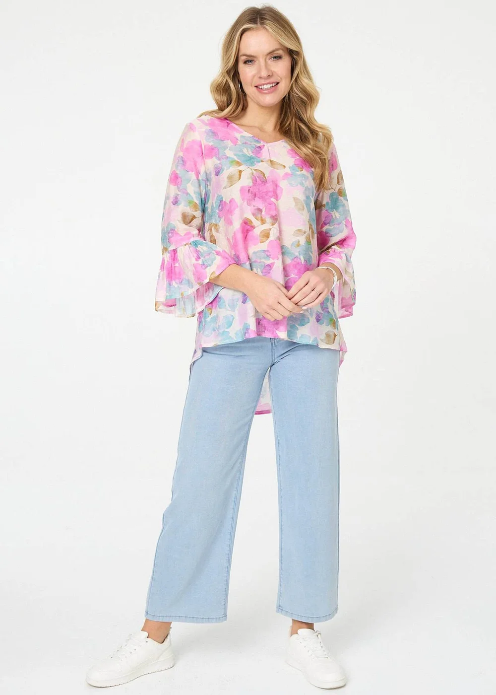 Izabel London Pink Floral Curve Hem 3/4 Flare Sleeve Blouse - 8 Image 4