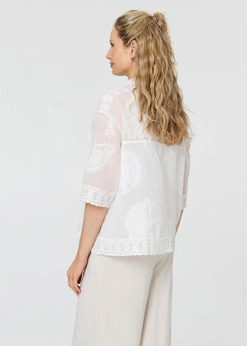 Izabel London White Embroidered Trim 3/4 Sleeve Shirt - M/L Image 2