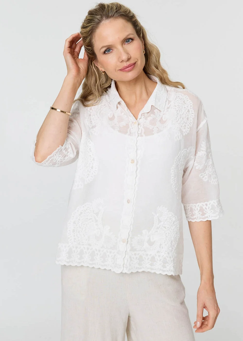 Izabel London White Embroidered Trim 3/4 Sleeve Shirt - M/L Image 1