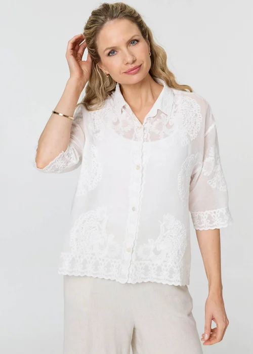 Izabel London White Embroidered Trim 3/4 Sleeve Shirt - M/L Image 1