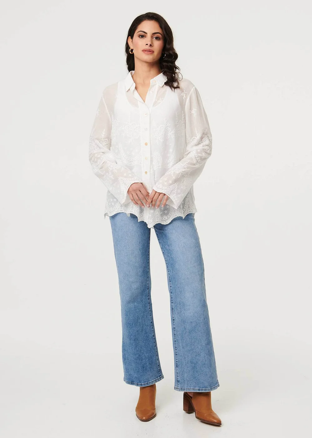 Izabel London White Embroidered Long Sleeve Semi Sheer Shirt - M Image 4
