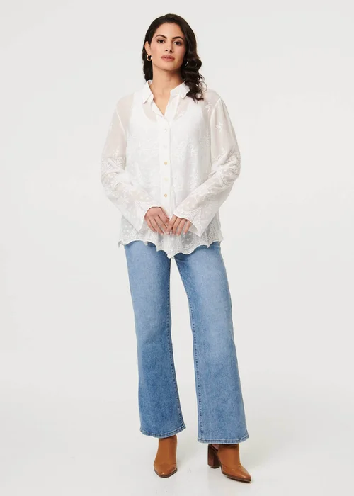 Izabel London White Embroidered Long Sleeve Semi Sheer Shirt - M Image 4
