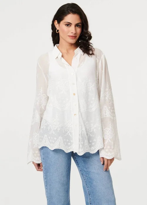 Izabel London White Embroidered Long Sleeve Semi Sheer Shirt - M Image 1