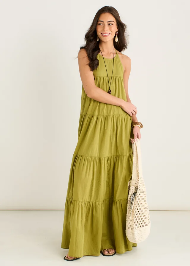 Gini London Khaki Tiered Halter Maxi Trapeze Dress