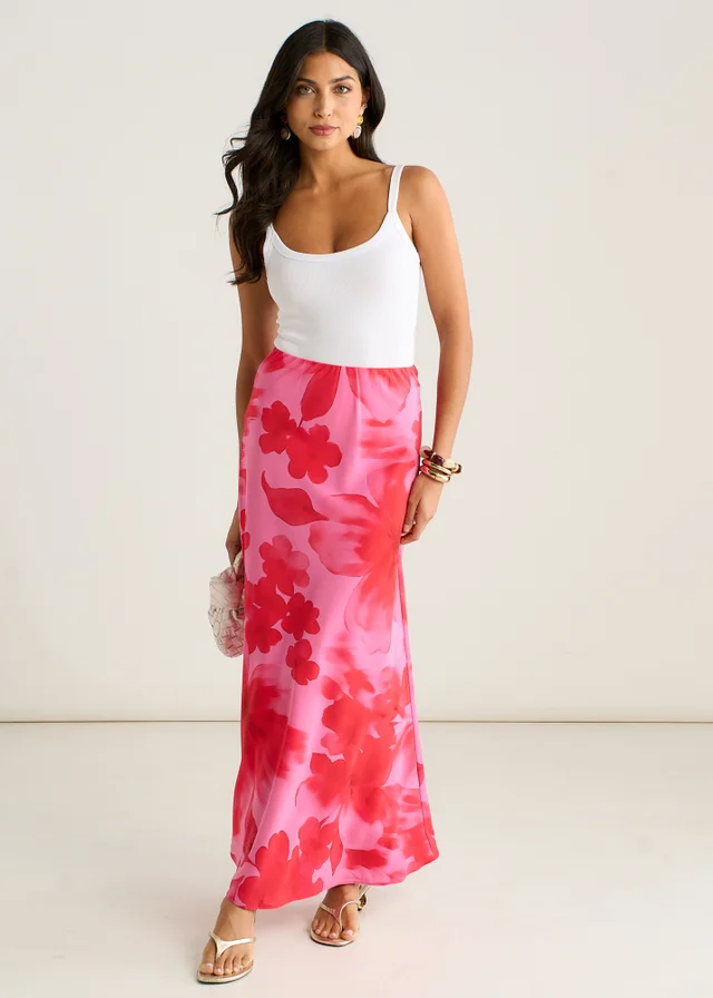 Gini London Pink Watercolor Floral Print A Line Maxi Skirt