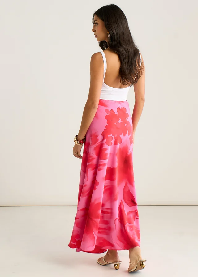 Gini London Pink Watercolor Floral Print A Line Maxi Skirt