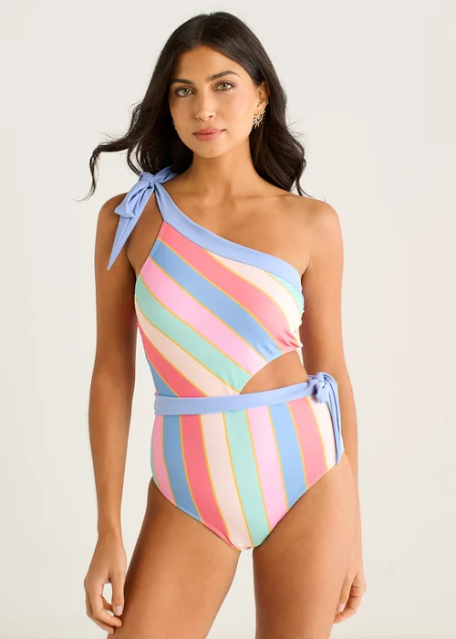 Gini London Multi Stripe Tie Detail One Shoulder Swimsuit - 10 Image 1