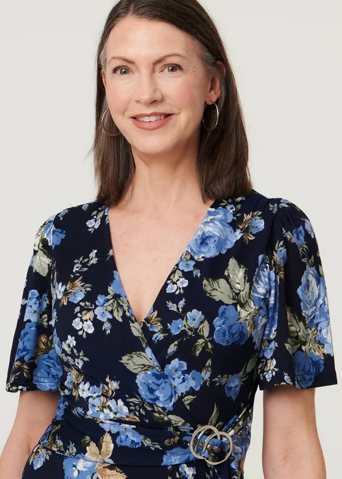 Izabel London Navy Floral Angel Sleeve Wrap Midi Dress - 16 Image 3