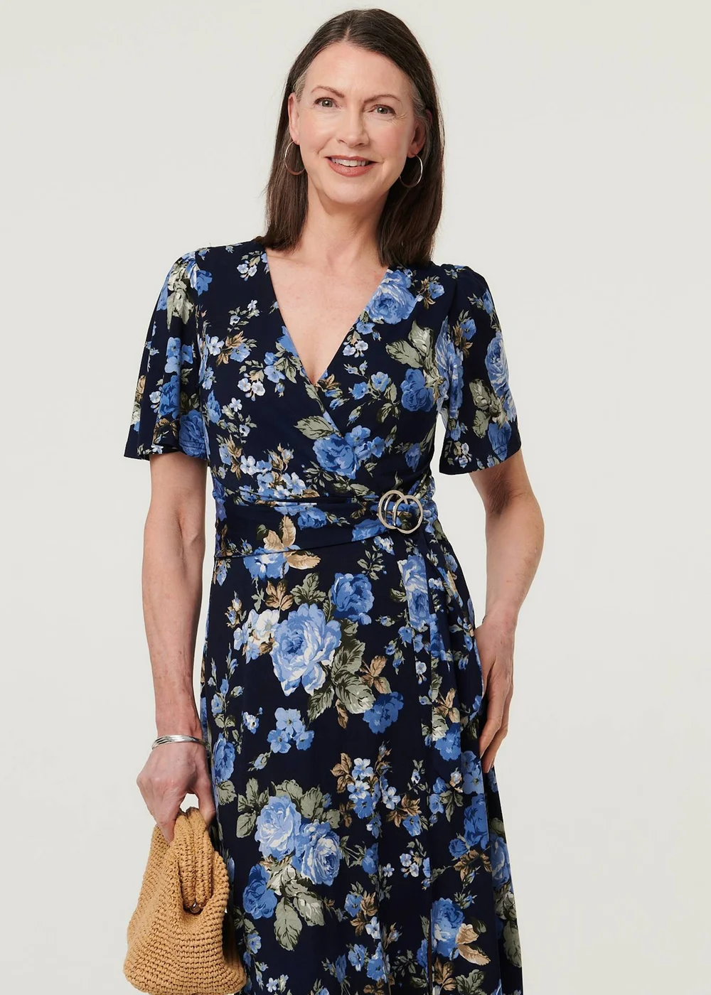 Izabel London Navy Floral Angel Sleeve Wrap Midi Dress - 16 Image 1